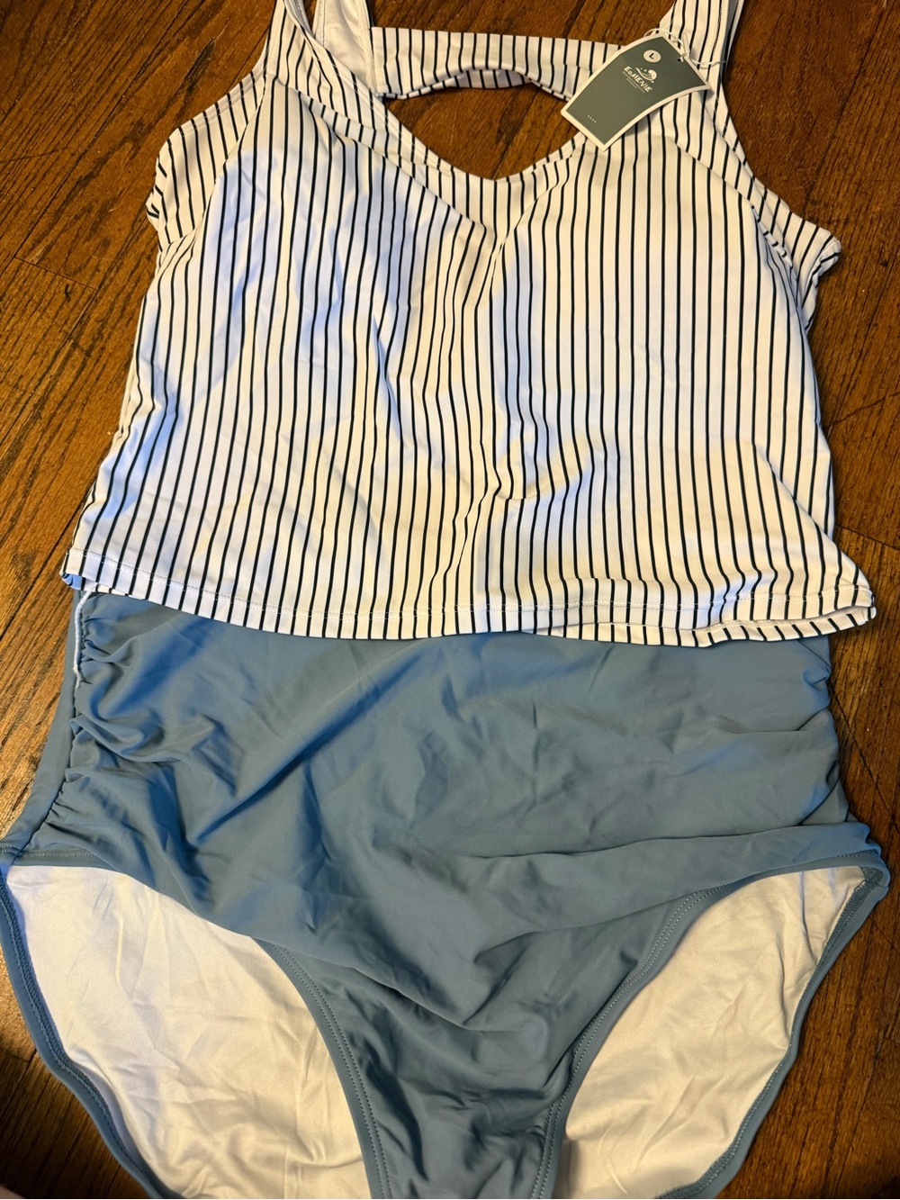 Striped White & Navy Tank One-Piece Swimsuit with Dusty Blue High-Waist Bottoms - Picture 3 of 3
